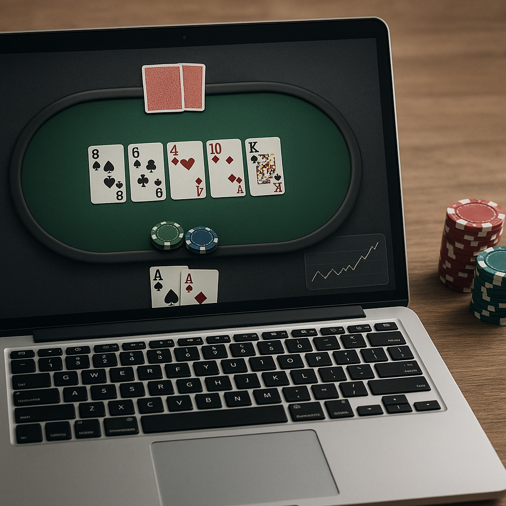 Rake no poker online: o que é e como ele afeta seus resultados 2 Interface de poker online com fichas e elementos de custo por mão