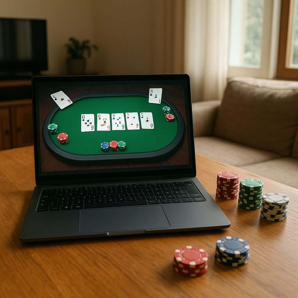 Jogador acompanhando torneios de poker online em notebook