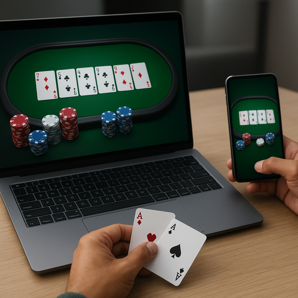Jogador brasileiro analisando uma partida de poker online em dispositivos digitais