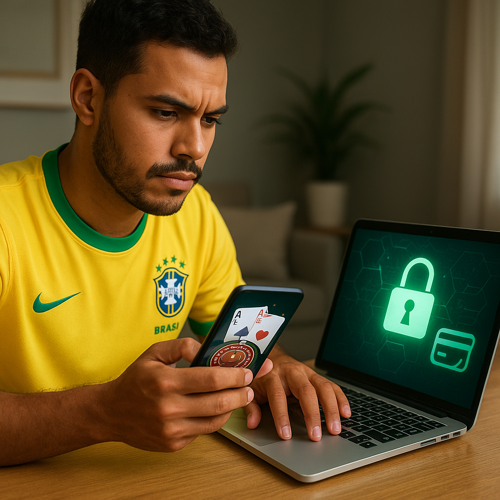 Pessoa comparando cassinos online com foco em segurança e Pix