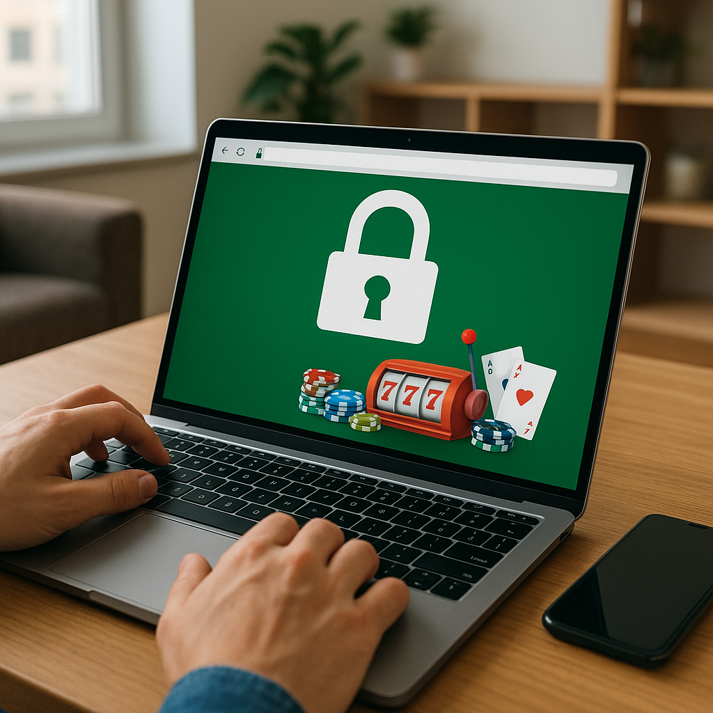 Pessoa verificando a segurança de um cassino online no notebook